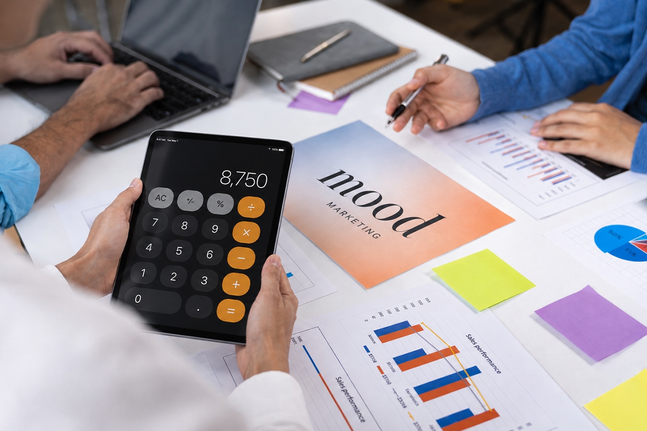 Equipo de marketing calculando el presupuesto de marketing de una empresa con gráficos de rendimiento y hoja de cálculo
